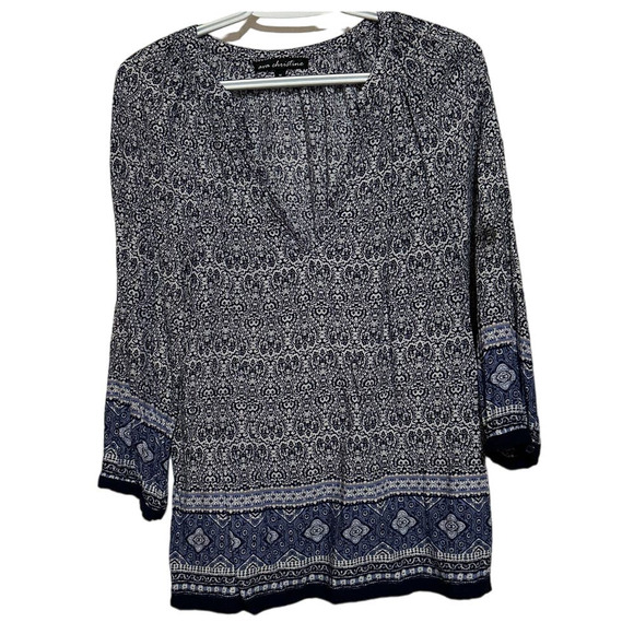 Ava Christine Women's Blue White Long‎ Sleeve V-Neck Blouse Size M - Picture 1 of 5